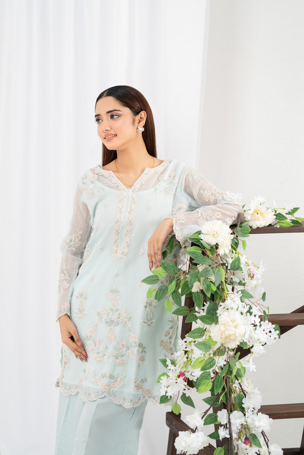 NF-6738 Ferozi Cotton Net 2Pc Stitched Dress