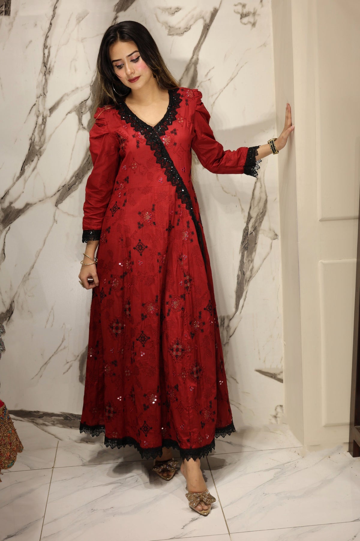 NF-5526 Maroon Chiken Stitched Frock