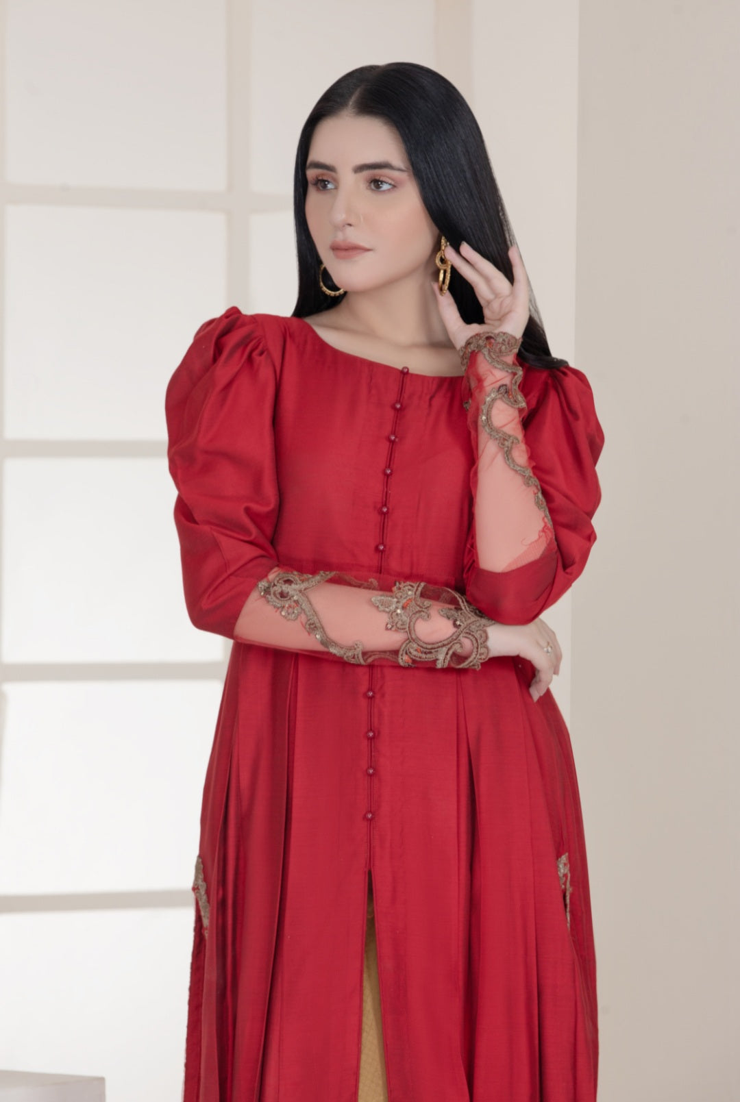 Nf-4625 Red Pleated Silk Shirt