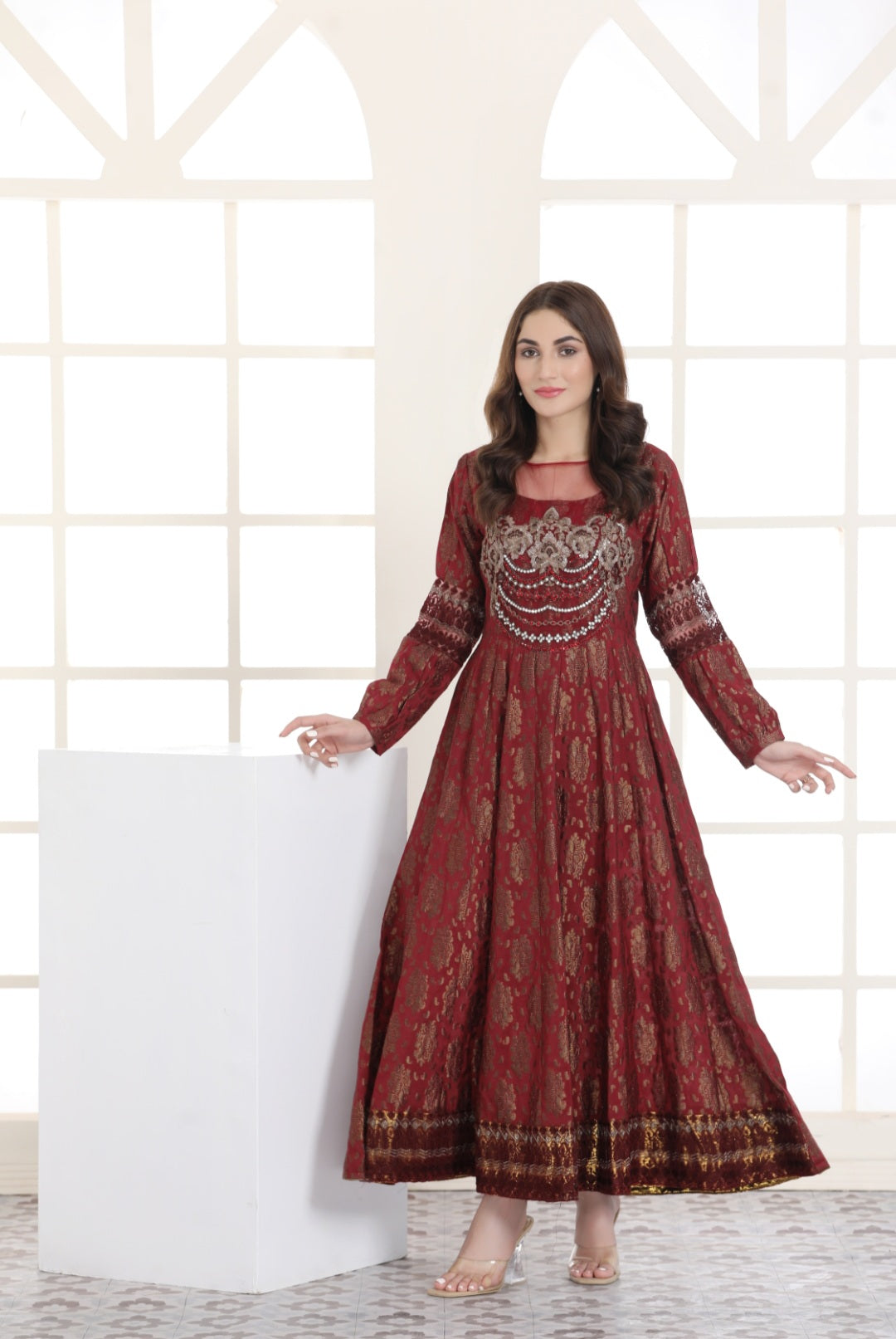 NF-4368 Maroon Jacquard Sttiched Frock