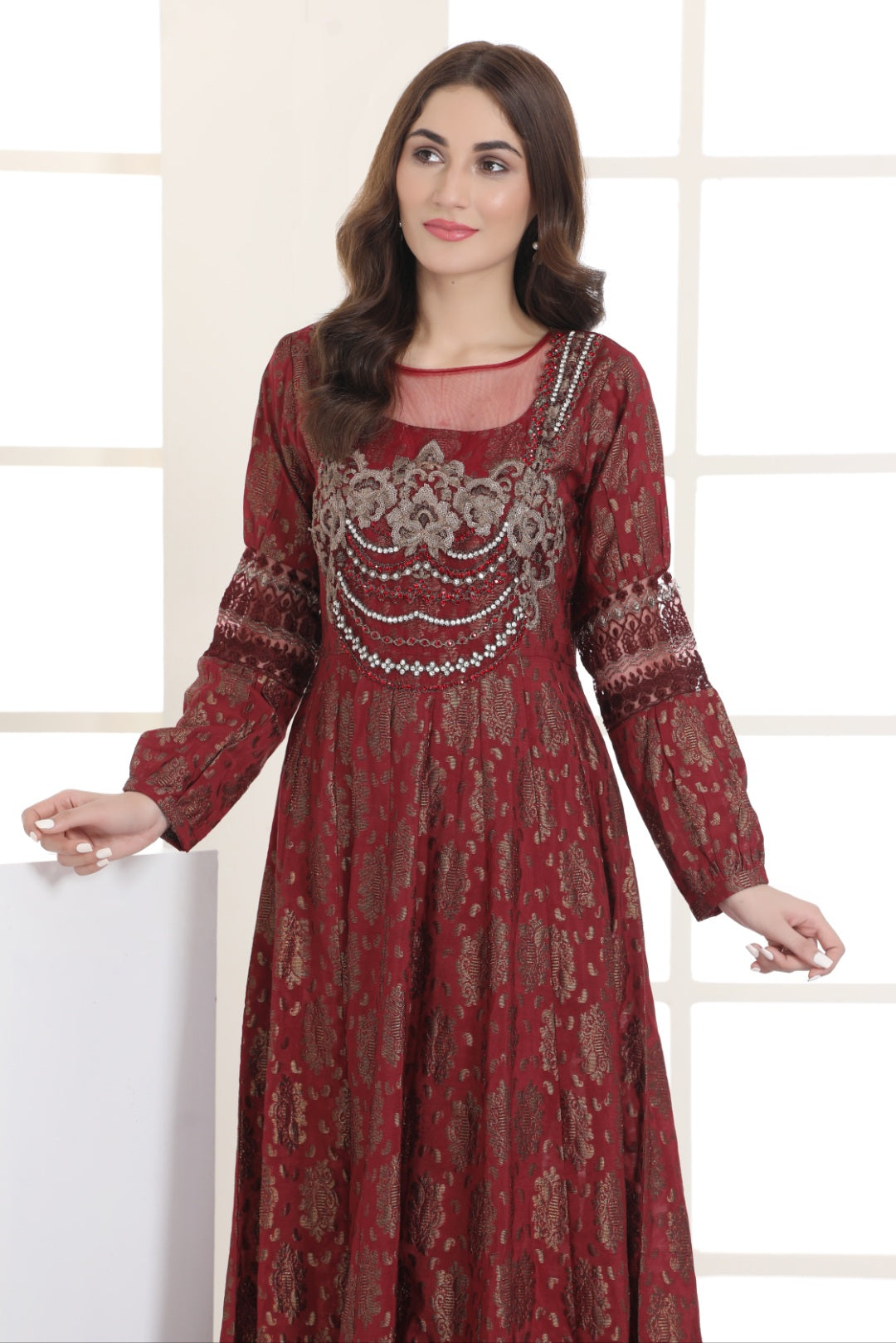NF-4368 Maroon Jacquard Sttiched Frock