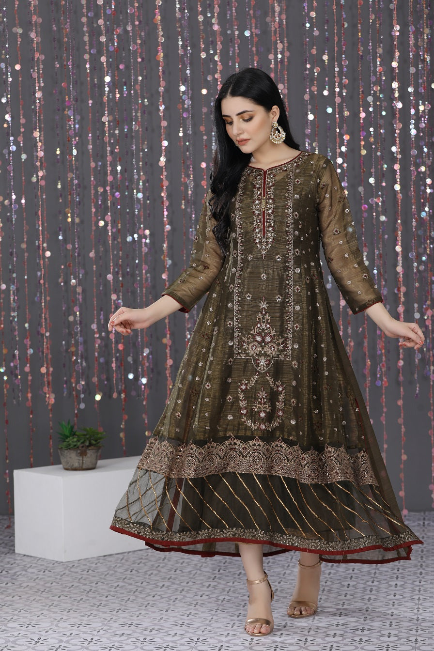 NF-5041 Mehndi Maisori Stitched Frock - Nakoosh Shop