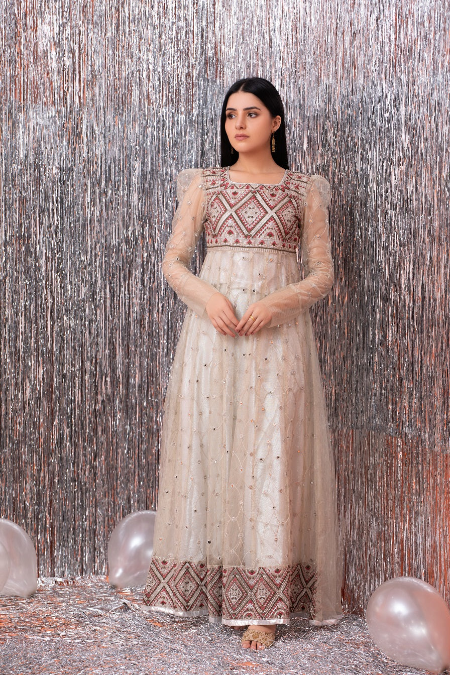 NF-4449 Ivory Net Stitched Frock