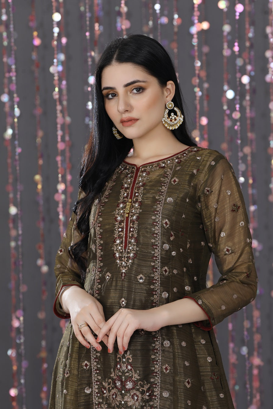 NF-5041 Mehndi Maisori Stitched Frock - Nakoosh Shop