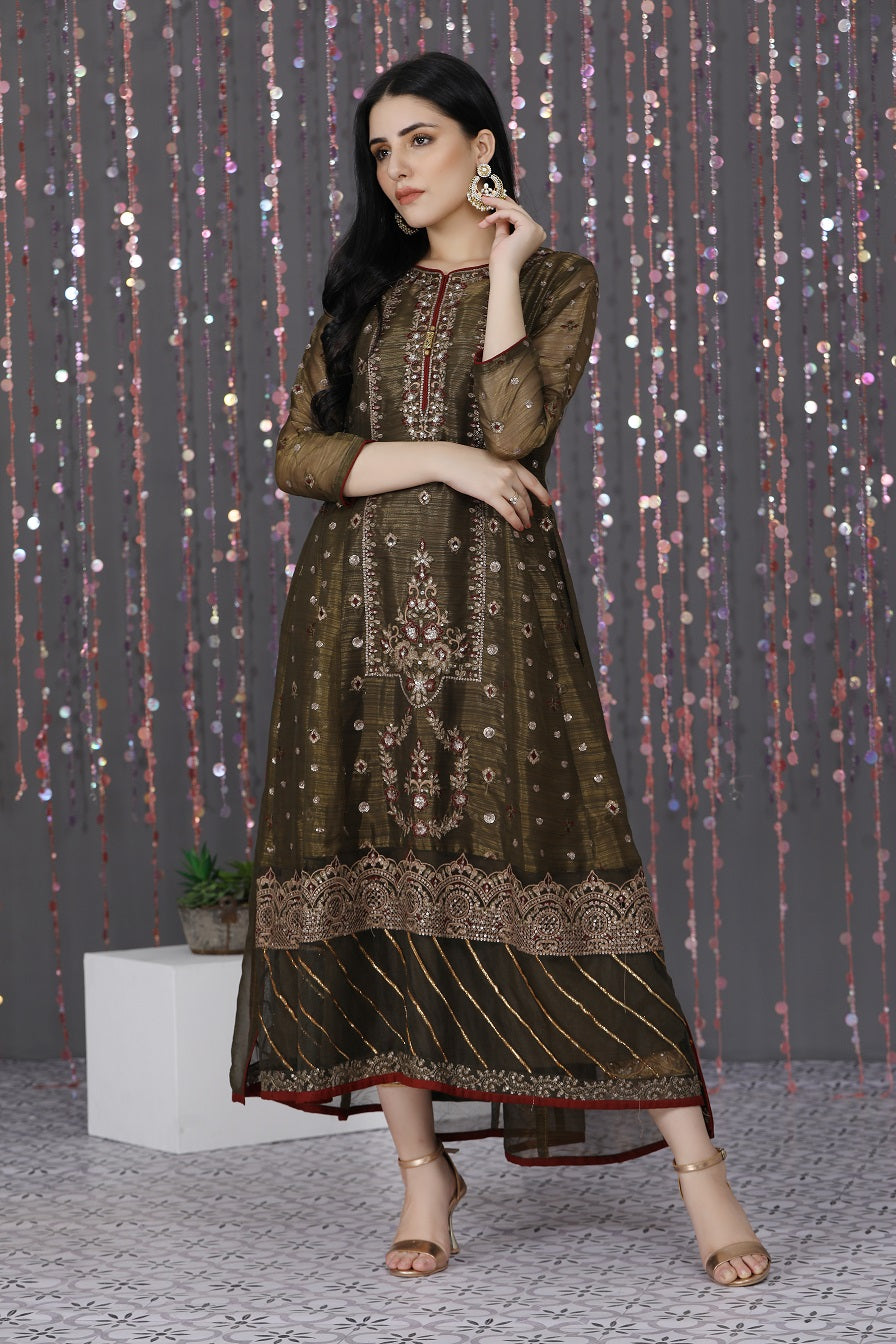 NF-5041 Mehndi Maisori Stitched Frock - Nakoosh Shop