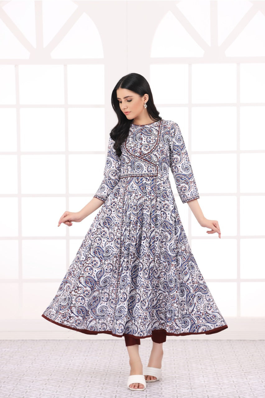 NF-84 White Printed Stitched Frock