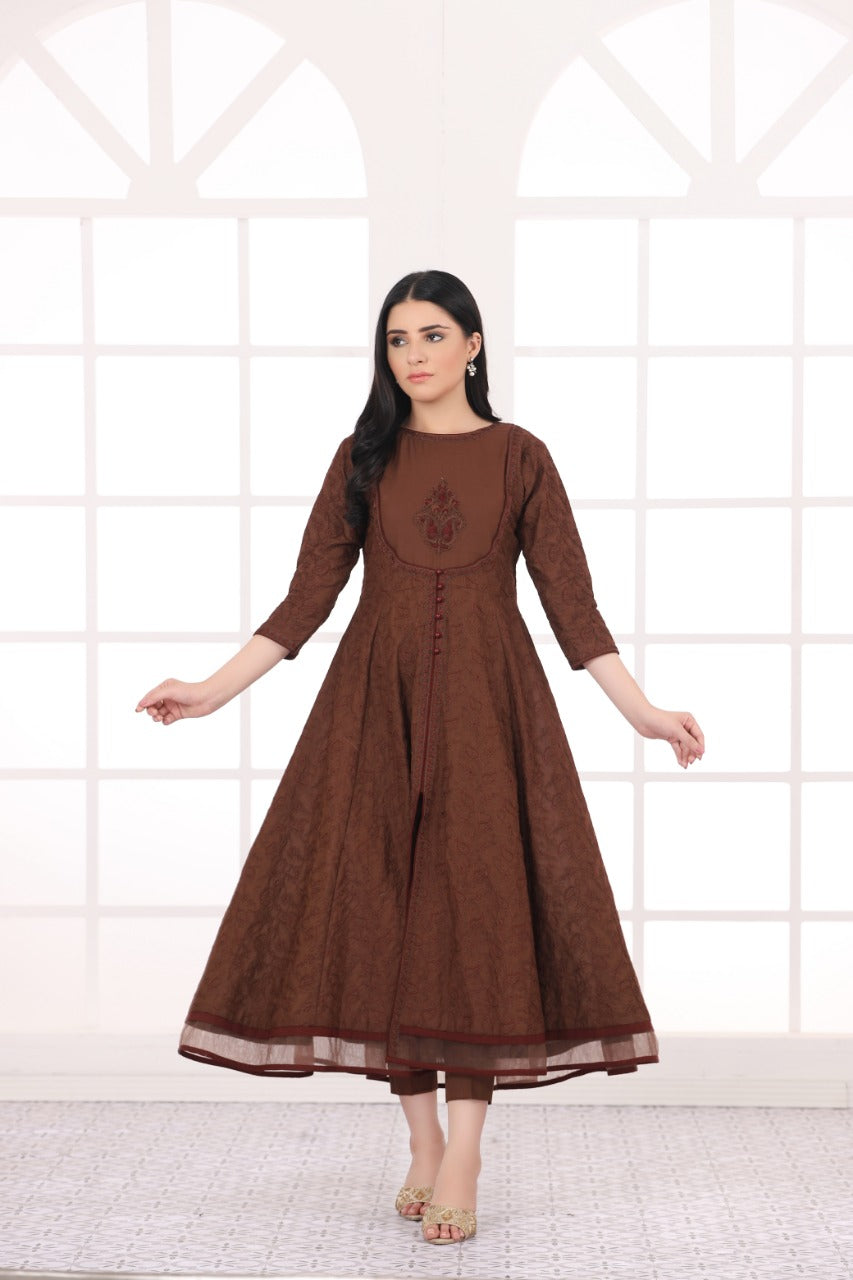NF-4534 Brown Chicken Lawn Stitched Frock